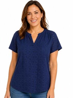 St. John's Bay Navy Eyelet Split-Neck Short Sleeve Top Neutral Lightweight Sz LP